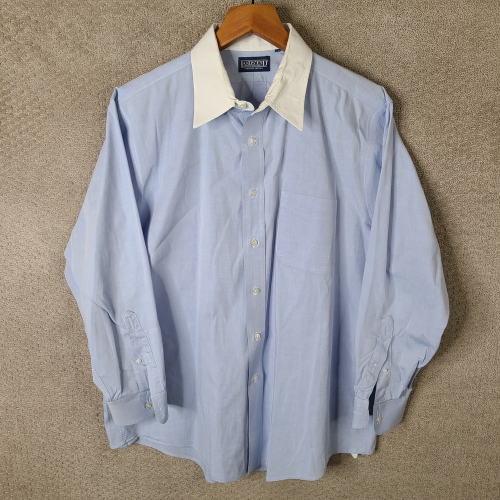 Lands End Shirt Men XL Blue White Contrast Collar Pinpoint Oxford Button Down